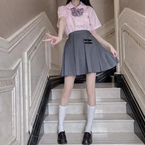 优品学生皮扣短裙纯色半身褶中10箱基础制服学生校服