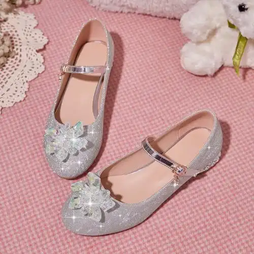 女童高跟鞋小公主舞台演出走秀钢琴银色搭配晚礼服花童水晶大童鞋