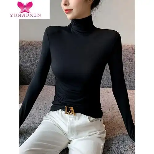 yunwuxin黑色打底衫女长袖早秋新款内搭薄款洋气莫代尔t恤紧身高领