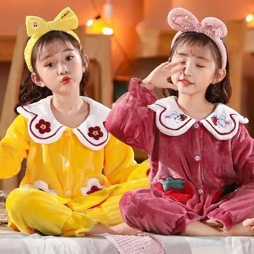 儿童法兰绒睡衣秋冬季女童珊瑚绒加厚中大童公主小女孩套装家居服聿垣