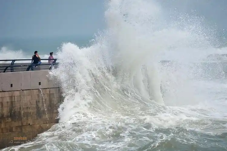 青岛沿海一带,台风导致的海浪约有十几米高,游客不顾危险在海边观潮.
