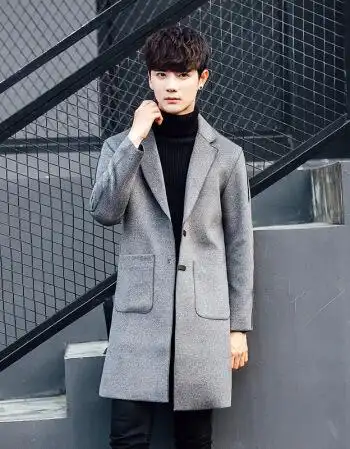 毛呢大衣男新款秋冬羊毛大衣茧型翻领中长款男士毛呢风衣外套 灰色