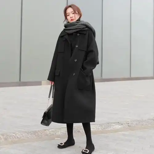宽松黑色双面羊绒大衣羊毛呢2019新款秋冬呢子中长款流行外套韩版