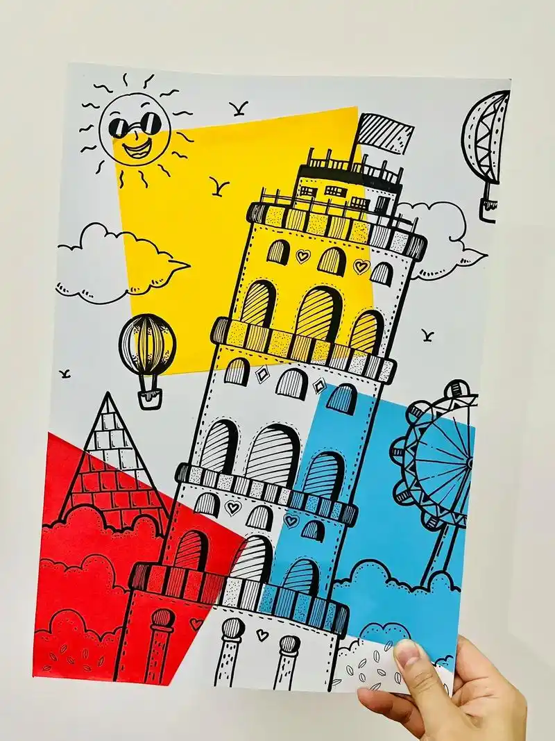 创意线描画|比萨斜塔.当蒙德里安的三原色 与黑白线条的比萨斜 - 抖音