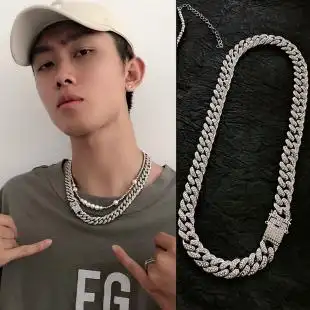 潮牌嘻哈说唱美式 吴亦凡同款 珍珠项链锁骨 男士 潮人古巴链满钻粗款