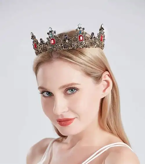 巴洛克新娘复古奢华黑色圆形大皇冠头饰七彩色钻王冠亚马逊饰品