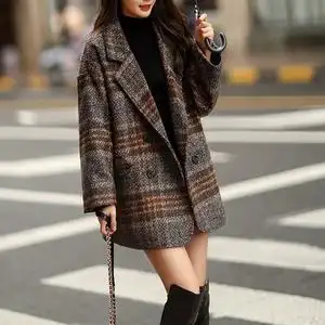 咖色格子毛呢外套女秋冬中长款加棉加厚宽松长袖小个子呢子大衣
