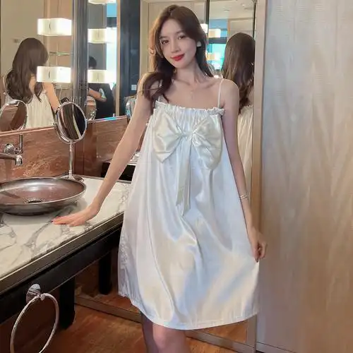 吊带睡裙夏季冰丝甜美性感奢华蝴蝶结仿真丝绸睡裙