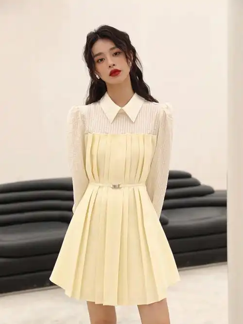 拼接百褶长袖连衣裙中长裙女春装