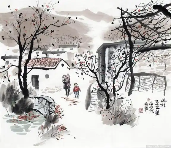 山水画作品《门前》《山村冬也美》-刘燕声