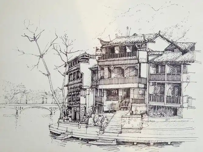 古镇风景速写临摹图片 古镇