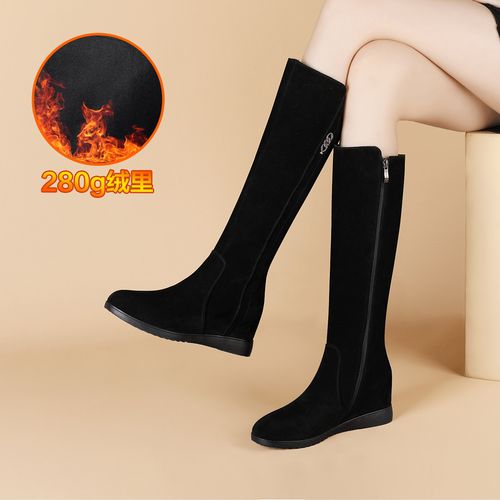 绒面侧拉链款百搭女靴子秋冬带钻厚底加绒保暖内增高女靴长靴皮靴