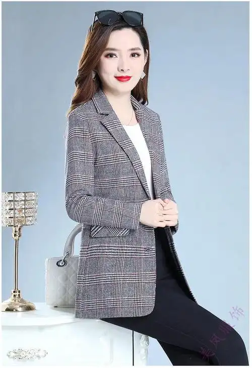21新款春秋妈妈装外套上衣30岁40时尚中年女装洋气格子小西装外套灰格