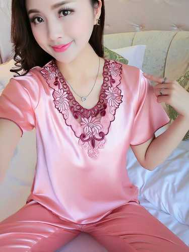 睡衣女夏短袖夏季九分裤女士薄款冰丝绸缎夏天夏款大码家居服套装