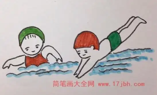 夏天风景简笔画彩色游泳简笔画儿童画