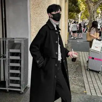 黑色双排扣毛呢大衣男韩系风格穿搭中长款呢子外套秋冬感风衣黑色m