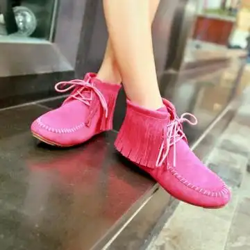 童鞋女童真皮流苏靴子牛皮童靴秋单靴韩版大码大童豆豆靴 粉色