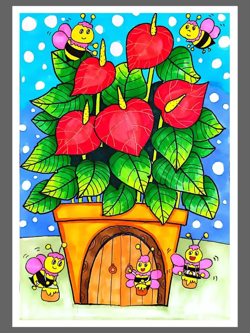 《红掌盛开采蜜忙》手工创意课|马克笔|7-8岁#马克笔儿童画 - 抖音