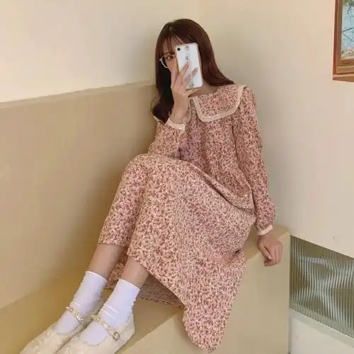 裙春季韩版chic复古碎花连衣裙宽松显瘦娃娃领中长款学院风打底裙粉色