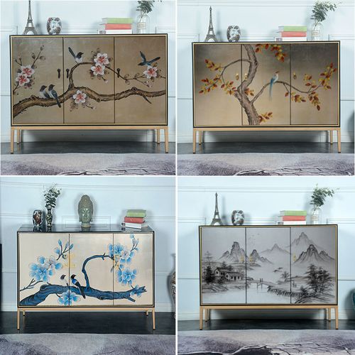 中式鞋柜彩绘玄关柜简约现代手绘门厅收纳柜家用客厅转角柜储物柜