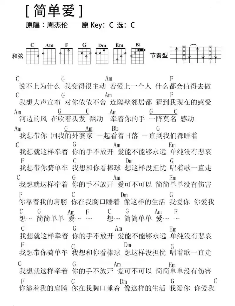 简单爱|尤克里里吉他弹唱谱.#创作灵感 #尤克里里 #吉他谱 - 抖音