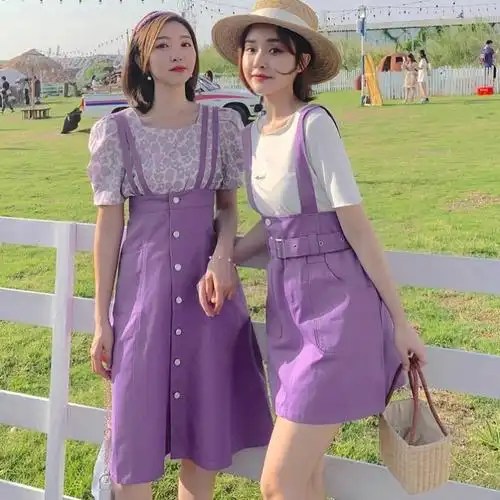 闺蜜装套装女夏季姐妹装二人流行紫色一长一短日系校园裙背带裙子