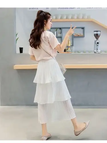 猫店同款实拍白色蛋糕裙半身裙中长款显瘦多层层雪纺百褶裙子