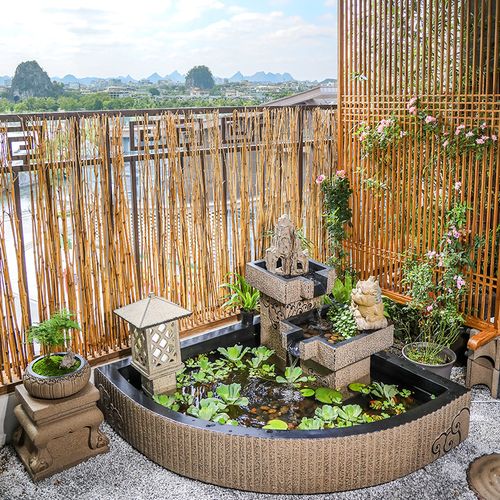中式阳台鱼池水景庭院花园布置水池装饰造景流水摆件