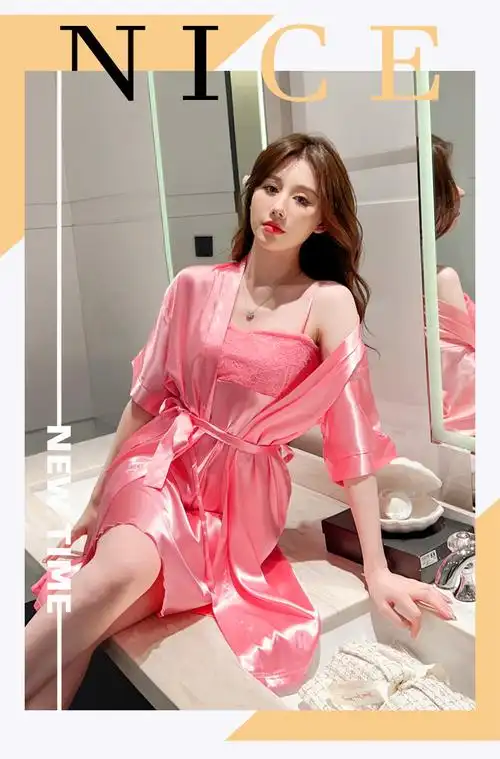 春夏季新款性感甜美冰丝纯色花边吊带睡裙两件套家居服睡衣ins风 - 17