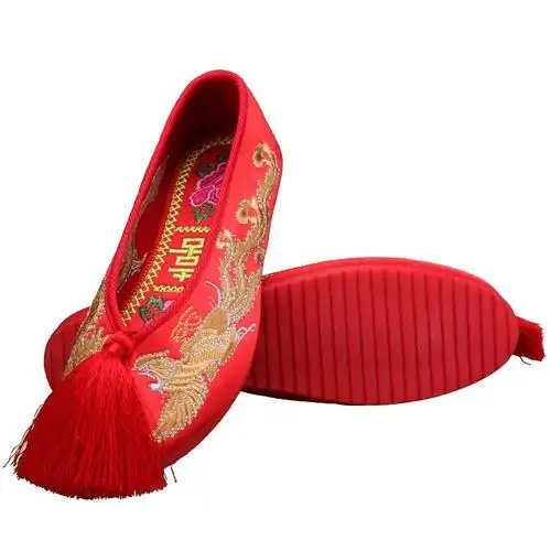 红色平底女鞋婚鞋中式新娘鞋春夏绣花鞋流苏秀禾鞋牛筋底布鞋