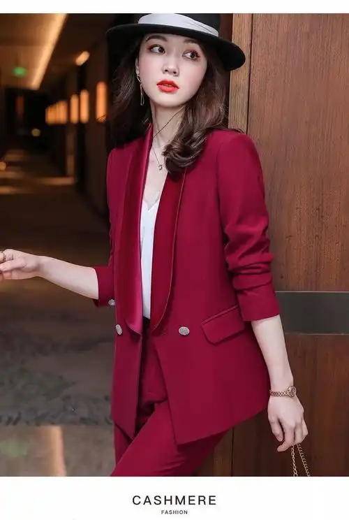 秦菲酒红色西装外套女2021秋季新款小个子流行炸街感醋酸西服时尚韩版