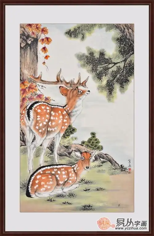 作品推荐二:富飞三尺竖幅动物画作品梅花鹿《雌雄双鹿》