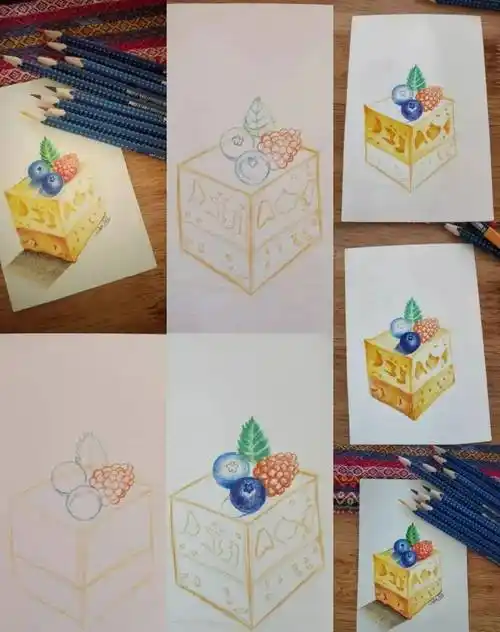 彩铅美食教程—蓝莓覆盆子芝士蛋糕