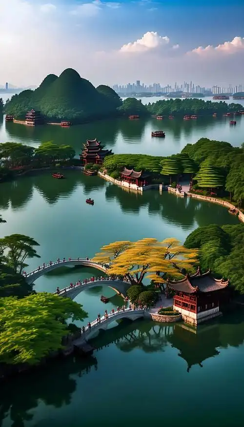 西湖美景!夏日杭州西湖,风景如画,清澈湖面映衬古民居,石拱桥 - 抖音