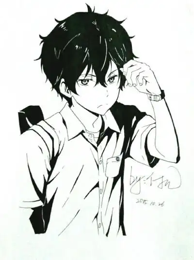手绘 插画 动漫 黑白 折木奉太郎