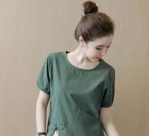 棉麻t恤女夏装新款短袖宽松衬衫女文艺学院风亚麻女士上衣短体恤