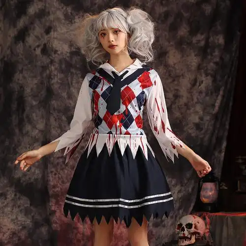 万圣节服装 血迹学生制服套装cosplay服女学生装 出口日本僵尸服