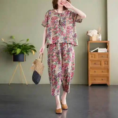 中年妈妈夏装棉绸套装女士薄款夏季大码印花时尚外穿人造棉两件套