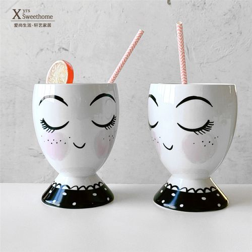 可爱红脸蛋女孩陶瓷吸管杯 奶茶杯 娃娃冰激凌杯子 甜美少女花插