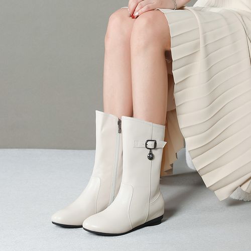 秋冬季新款中筒靴女舒适圆头全牛皮靴子春秋米白色平底内增高短靴