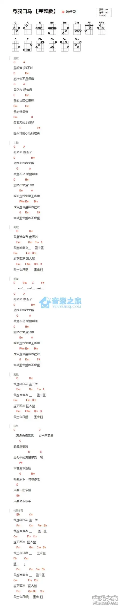 徐佳莹《身骑白马》尤克里里弹唱谱