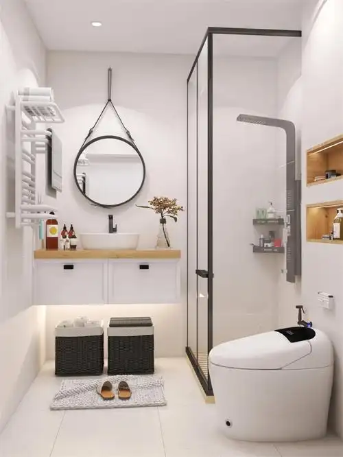 2平米,但是浴室的布局看起来十分的井然有序,原木色的设计让浴室充满