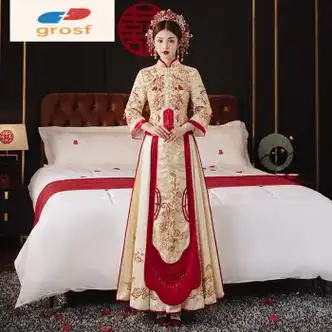 dkuq中国中式婚礼新娘服装凤冠霞帔秀禾服新款结婚嫁衣香槟金色秀和