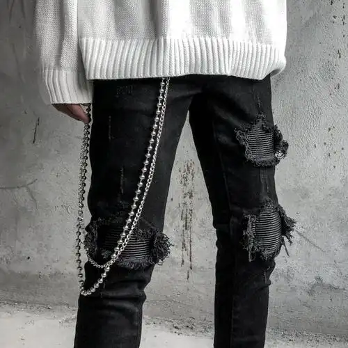 aemape美国苹果高街假破洞牛仔裤男黑色重机车pu皮补丁拼接修身小脚