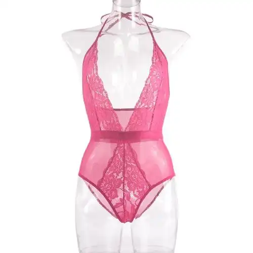 2021跨境国际站货源挂脖蕾丝三角连体衣情趣内衣女lace bodysuit