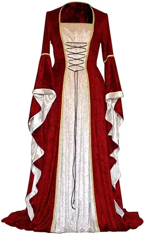 女式天鹅绒前蕾丝文艺复兴时期礼服喇叭袖长袍中世纪服装凯尔特女王