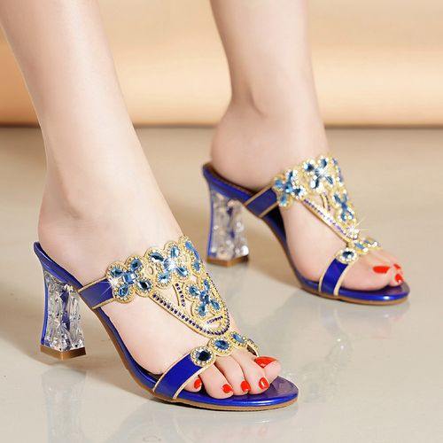 2020新款网红蜻蜓女凉鞋真皮高跟水钻外穿凉拖女夏季粗跟镶钻女鞋