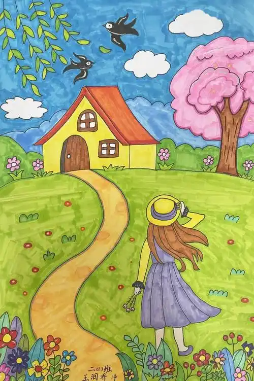 诵完一首首优美又细腻的诗歌,孩子们用画笔绘出了一幅幅春天的美景,用