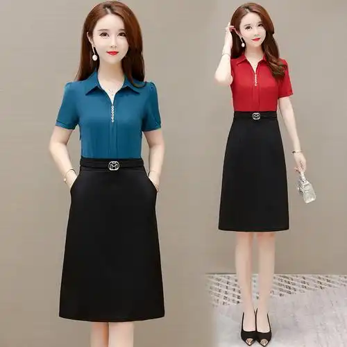 2023夏季新款假两件短袖职业装收腰显瘦气质洋气-阿里巴巴