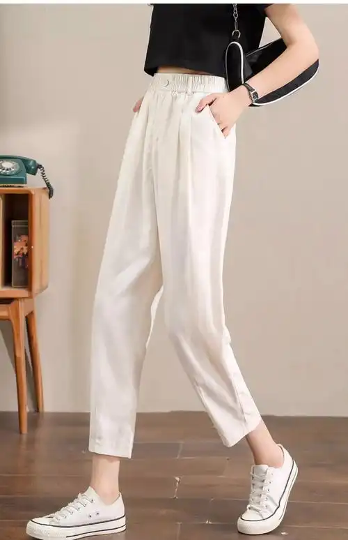 卡其色天丝亚麻裤子女夏季薄款显瘦小个子九分夏天透气棉麻哈伦裤